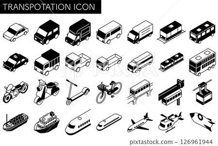 車輛圖標集,一組簡單可愛的等距黑白線汽車和公共交通圖標 車輛圖標集,一組簡單可愛的等距黑白線汽車和公共交通圖標 126961944