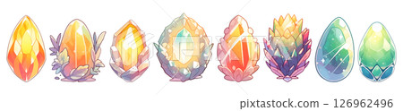Set of 8 fantasy crystal eggs in watercolor illustration style, isolated on a transparent background. Yellow and green color tones. Set of 8 fantasy crystal eggs in watercolor illustration style, isolated on a transparent background. Yellow and green color tones. 126962496