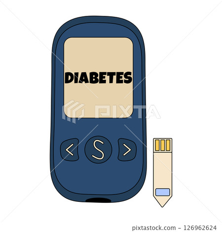 Digital blood glucose meter, or closeup glucometer, with separate test strip and diabetes label, symbol of self-monitoring for diabetes management. Concept of diabetes mellitus, chronic illness. 126962624