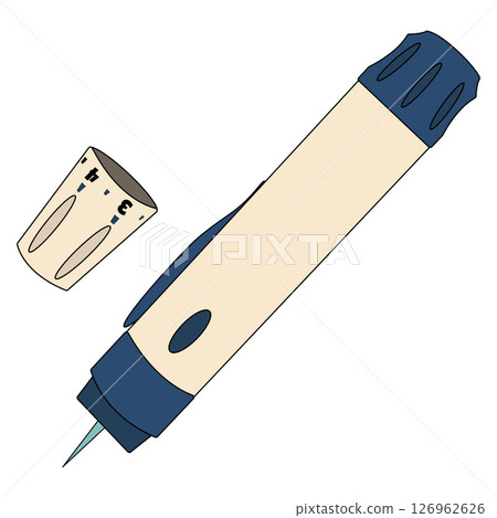 Open mechanical lancing device with visible lancet and detached cap. Used for adjusting puncture depth to obtain blood for glucose testing. Concept of diabetes mellitus, chronic illness, healthcare. 126962626