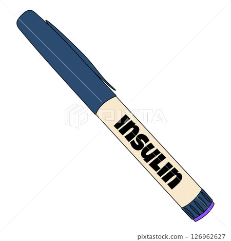 Closeup cartoon illustration of a closed insulin pen injector with a cap and labeled INSULIN. Concept of diabetes mellitus, chronic illness, and healthcare. Isolated on a white background. 126962627