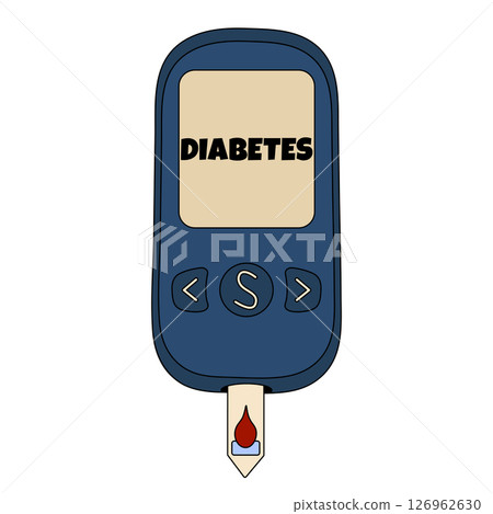 Blood glucose meter, or closeup glucometer, with diabetes text and blood droplet on test strip. Concept of diabetes mellitus, diabetes monitoring, and health check, or chronic illness and healthcare. Blood glucose meter, or closeup glucometer, with diabetes text and blood droplet on test strip. Concept of diabetes mellitus, diabetes monitoring, and health check, or chronic illness and healthcare. 126962630
