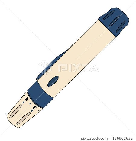 Mechanical lancing device with adjustable depth setting for finger pricking to obtain blood for glucose testing on a white background. Concept of diabetes mellitus, chronic illness, and healthcare. Mechanical lancing device with adjustable depth setting for finger pricking to obtain blood for glucose testing on a white background. Concept of diabetes mellitus, chronic illness, and healthcare. 126962632