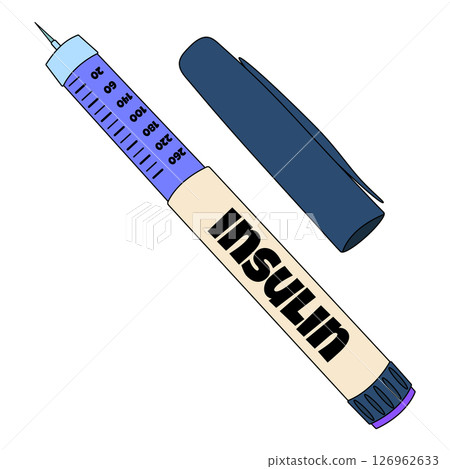 Cartoon illustration of a mechanical insulin pen injector with visible needle, dosage markings, and detached cap on a white background. Concept of diabetes mellitus, chronic illness, and healthcare. 126962633