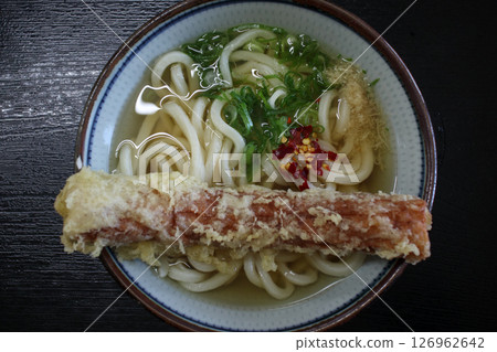 Kake udon (topped with chikuwa) from a self-service udon restaurant Kake udon (topped with chikuwa) from a self-service udon restaurant 126962642