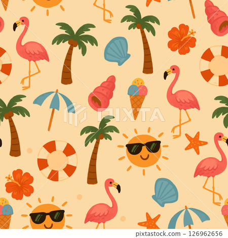 Colorful Summer pink flamingo and palm trees floral seamless pattern. Vector illustration 126962656