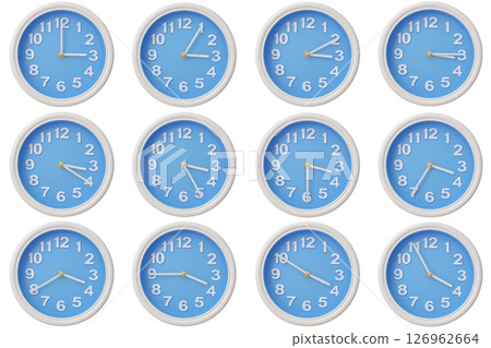 Twelve blue wall clocks with white frames showing 03:00 to 03:55 or 15:00 to 15:55 illustrating the passage of time or time zone variation Twelve blue wall clocks with white frames showing 03:00 to 03:55 or 15:00 to 15:55 illustrating the passage of time or time zone variation 126962664