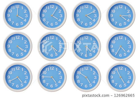 Twelve blue wall clocks with white frames showing 04:00 to 04:55 or 16:00 to 16:55 illustrating the passage of time or time zone variation Twelve blue wall clocks with white frames showing 04:00 to 04:55 or 16:00 to 16:55 illustrating the passage of time or time zone variation 126962665