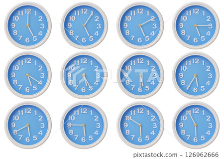 Twelve blue wall clocks with white frames showing 05:00 to 05:55 or 17:00 to 17:55 illustrating the passage of time or time zone variation Twelve blue wall clocks with white frames showing 05:00 to 05:55 or 17:00 to 17:55 illustrating the passage of time or time zone variation 126962666