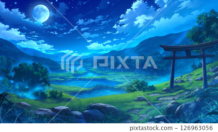 夜晚的山谷景觀和鳥居門，動漫風格 126963056