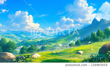 山谷景觀，遠處有村莊，動漫風格 126963058