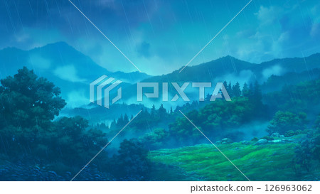 雨霧瀰漫的山谷景觀，動漫風格 126963062