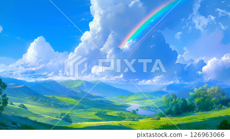 有彩虹的山谷風景,動漫風格 有彩虹的山谷風景,動漫風格 126963066