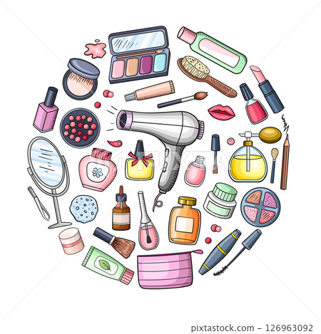 Hand drawn make up and cosmetics round banner. Hand drawn make up and cosmetics round banner. 126963092