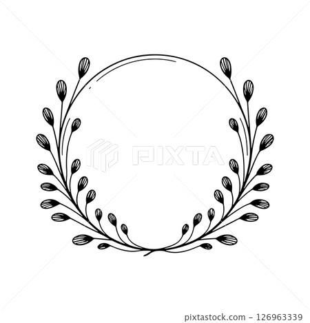 Elegant Leaf Border. Modern circular frame with soft flowing leaves forming a balanced and refined botanical border. Elegant Leaf Border. Modern circular frame with soft flowing leaves forming a balanced and refined botanical border. 126963339