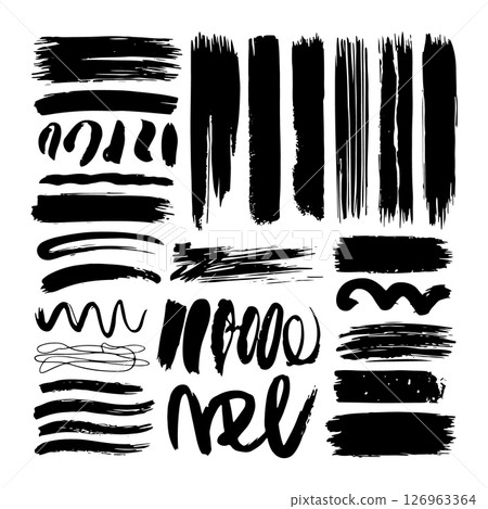 Ink Stroke Set. Collection of artistic black brush strokes with expressive lines, textures, and curves for creative design. Ink Stroke Set. Collection of artistic black brush strokes with expressive lines, textures, and curves for creative design. 126963364