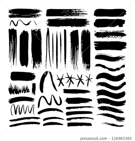 Ink Stroke Set. Hand-drawn set of diverse ink brush strokes featuring artistic lines, dots, curves, and textures for design use. Ink Stroke Set. Hand-drawn set of diverse ink brush strokes featuring artistic lines, dots, curves, and textures for design use. 126963365