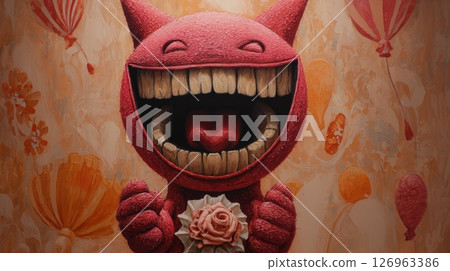 Playful Cartoon Character with Heart and Flowers in a Whimsical Scene 126963386