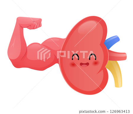 Adorable cartoon kidney illustration smiles, promoting healthy kidneys. Adorable cartoon kidney illustration smiles, promoting healthy kidneys. 126963413