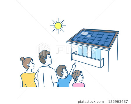 太陽能發電，圖示一家人在家中安裝太陽能板 126963487