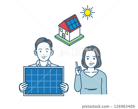 一對中年夫婦在家中安裝太陽能板的插圖 一對中年夫婦在家中安裝太陽能板的插圖 126963489