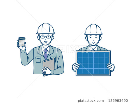 Illustration of an electrician giving an estimate and explaining about solar power generation and solar panels 126963490
