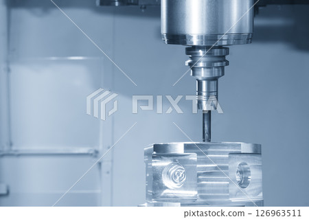 The 5-axis CNC milling machine cutting the aluminum gear case part by solid flat nose end mill tool in the light blue scene. The 5-axis CNC milling machine cutting the aluminum gear case part by solid flat nose end mill tool in the light blue scene. 126963511