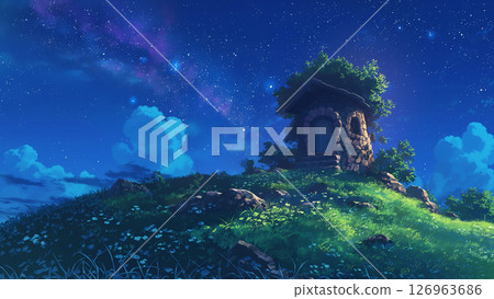 夜空與山丘景觀,動漫風格 夜空與山丘景觀,動漫風格 126963686