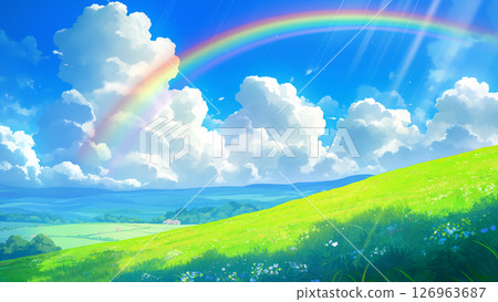 夏季山丘景觀與彩虹，動漫風格 126963687