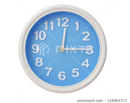 Wall clock with a blue face and white frame showing exactly 00:15 or 12:15. Represents time, deadlines. 126963753