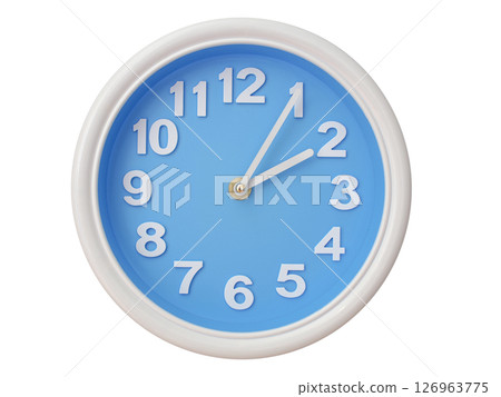 Wall clock with a blue face and white frame showing exactly 02:05 or 14:05. Represents time, deadlines. Wall clock with a blue face and white frame showing exactly 02:05 or 14:05. Represents time, deadlines. 126963775