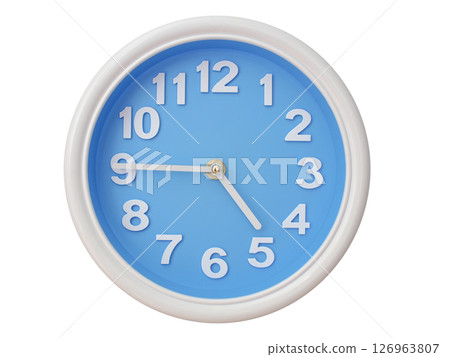 Wall clock with a blue face and white frame showing exactly 04:45 or 16:45. Represents time, deadlines. Wall clock with a blue face and white frame showing exactly 04:45 or 16:45. Represents time, deadlines. 126963807