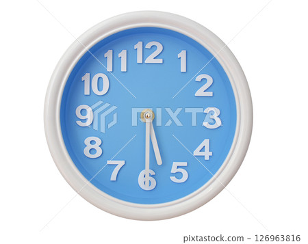 Wall clock with a blue face and white frame showing exactly 05:30 or 17:30. Represents time, deadlines. 126963816