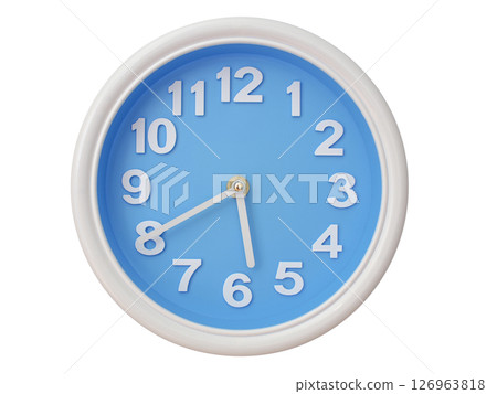 Wall clock with a blue face and white frame showing exactly 05:40 or 17:40. Represents time, deadlines. 126963818