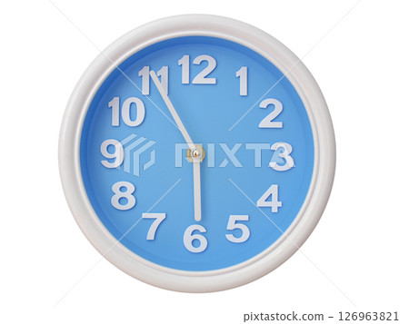 Wall clock with a blue face and white frame showing exactly 05:55 or 17:55. Represents time, deadlines. 126963821