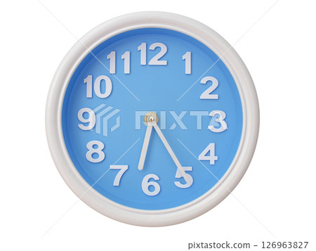 Wall clock with a blue face and white frame showing exactly 06:25 or 18:25. Represents time, deadlines. Wall clock with a blue face and white frame showing exactly 06:25 or 18:25. Represents time, deadlines. 126963827