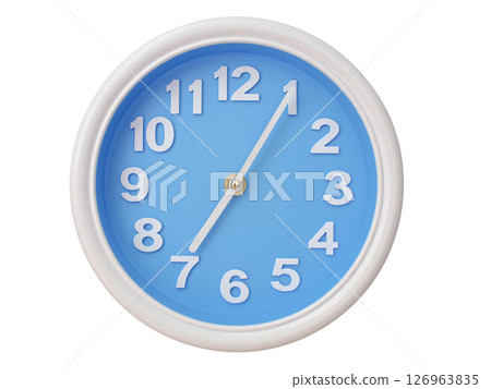 Wall clock with a blue face and white frame showing exactly 07:05 or 19:05. Represents time, deadlines. 126963835