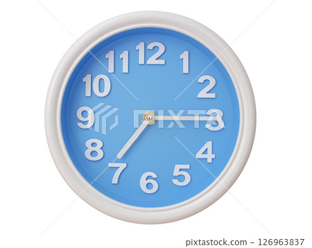Wall clock with a blue face and white frame showing exactly 07:15 or 19:15. Represents time, deadlines. 126963837