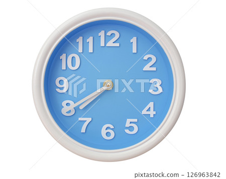Wall clock with a blue face and white frame showing exactly 07:40 or 19:40. Represents time, deadlines. 126963842