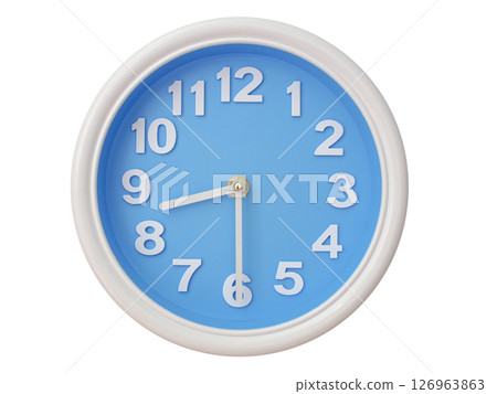 Wall clock with a blue face and white frame showing exactly 08:30 or 20:30. Represents time, deadlines.Wall clock with a blue face and white frame showing exactly 08:30 or 20:30. Represents time, Wall clock with a blue face and white frame showing exactly 08:30 or 20:30. Represents time, deadlines.Wall clock with a blue face and white frame showing exactly 08:30 or 20:30. Represents time, 126963863