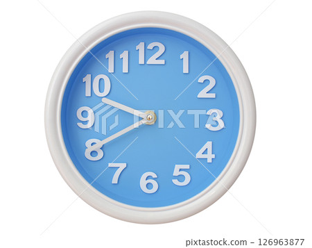 Wall clock with a blue face and white frame showing exactly 09:40 or 21:40. Represents time, deadlines. Wall clock with a blue face and white frame showing exactly 09:40 or 21:40. Represents time, deadlines. 126963877
