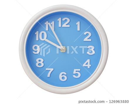 Wall clock with a blue face and white frame showing exactly 09:55 or 21:55. Represents time, deadlines. Wall clock with a blue face and white frame showing exactly 09:55 or 21:55. Represents time, deadlines. 126963880