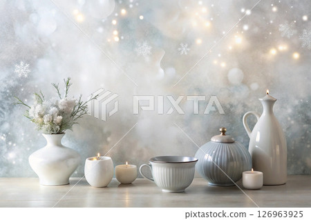 white teapot and cups on wooden table 126963925