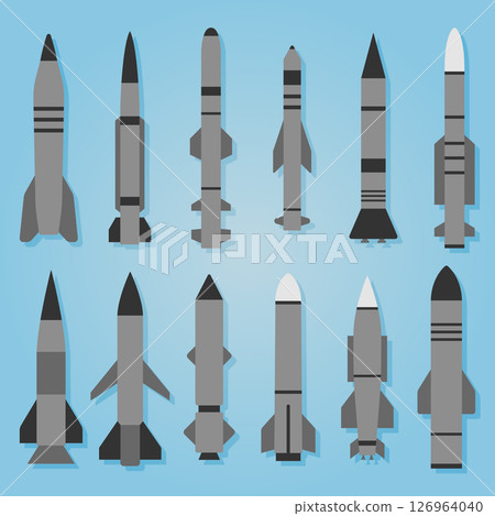 Cartoon colorful space missile set rocket shell. Cartoon colorful space missile set rocket shell. 126964040