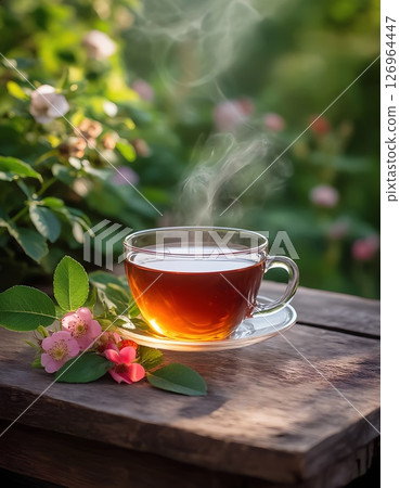 Glass cup with natural rosehip tea on wooden table among blooming rosehip branches outdoor in garden, close-up, selective focus. 126964447