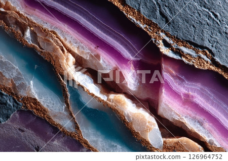 High resolution macro top-down view of semiprecious slab showing texture, geological layers, and detailed surface structure 126964752