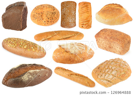 Collection of different types of freshly baked bread isolated on white 126964888