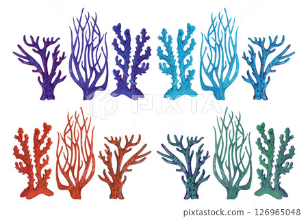 Underwater sea sponge porifera living on coral reefs. Watercolor multicolored giant fire sponge in red color isolated on white background for sea design, snorkeling, diving, book, art 126965048