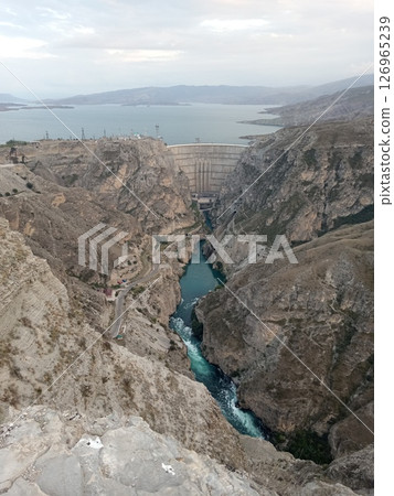 Aerial view of Chirkeyskaya HPP, Sulak Canyon hydroelectric power station, Dubki village, Dagestan, Russia Aerial view of Chirkeyskaya HPP, Sulak Canyon hydroelectric power station, Dubki village, Dagestan, Russia 126965239