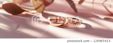 Two elegant rose gold wedding rings placed on a soft pink surface with delicate leaves in the background, minimalism, horizontal banner, copy space, free space for text 126965423